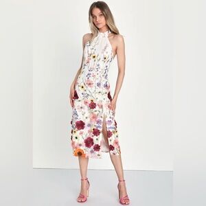 Lulu’s Unique Impression Ivory 3D Floral Embroidered Halter Midi Dress